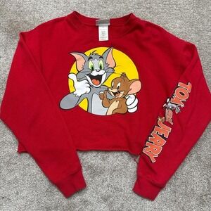 Tom and Jerry Cropped Long Sleeve Top Women's XS Cartoon Graphic Tee